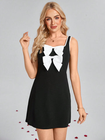 Square Neck Sleeveless Contrast Trim Cinched Waist A-Line Dress With Bow Accent, Elegant
