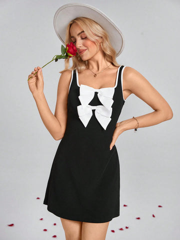Square Neck Sleeveless Contrast Trim Cinched Waist A-Line Dress With Bow Accent, Elegant