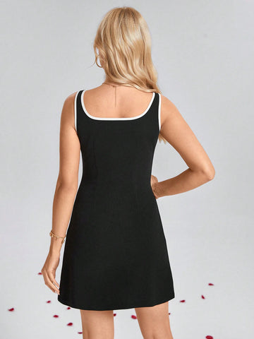 Square Neck Sleeveless Contrast Trim Cinched Waist A-Line Dress With Bow Accent, Elegant