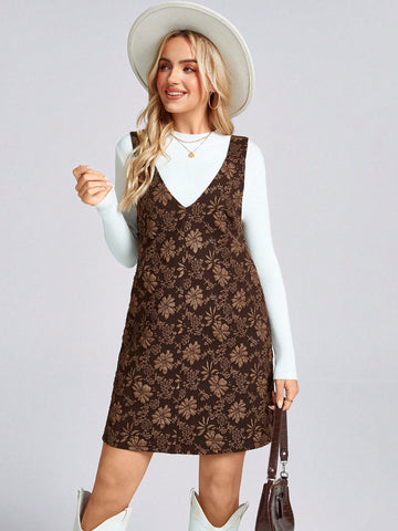 Valentine Day V-Neck A-Line Strap Dress, Retro 3D Floral Jacquard Fabric, Casual Commute Elega