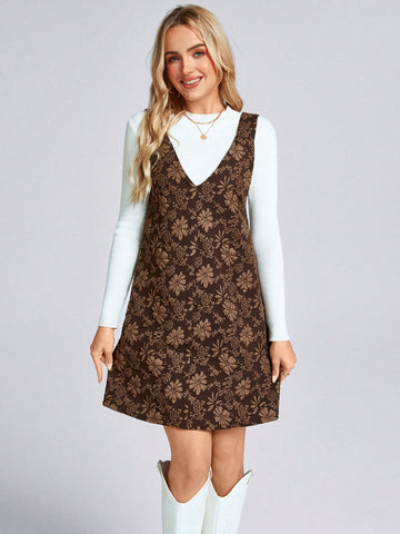 Valentine Day V-Neck A-Line Strap Dress, Retro 3D Floral Jacquard Fabric, Casual Commute Elega