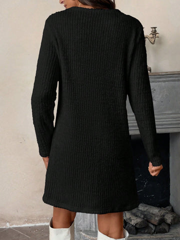 Women Casual Solid Color Long Sleeve Basic Mini Dress For Daily Wear, Autumn/Winter