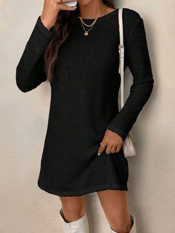 Women Casual Solid Color Long Sleeve Basic Mini Dress For Daily Wear, Autumn/Winter