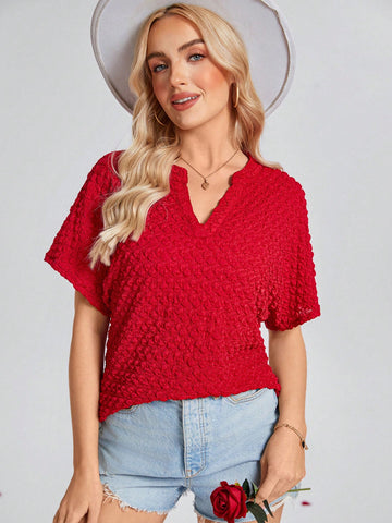 Wildara Women Red Stand Collar Jacquard Short Sleeve Blouse,Valentine Day