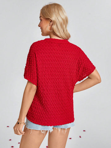 Wildara Women Red Stand Collar Jacquard Short Sleeve Blouse,Valentine Day