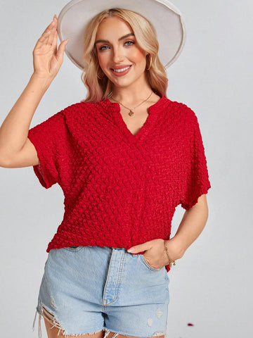 Wildara Women Red Stand Collar Jacquard Short Sleeve Blouse,Valentine Day