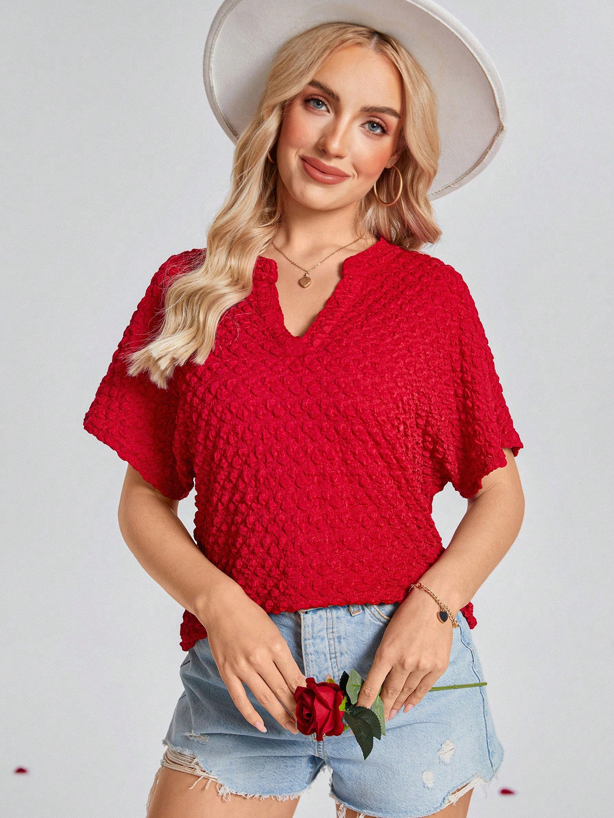 Wildara Women Red Stand Collar Jacquard Short Sleeve Blouse,Valentine Day