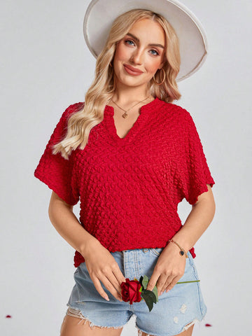 Wildara Women Red Stand Collar Jacquard Short Sleeve Blouse,Valentine Day