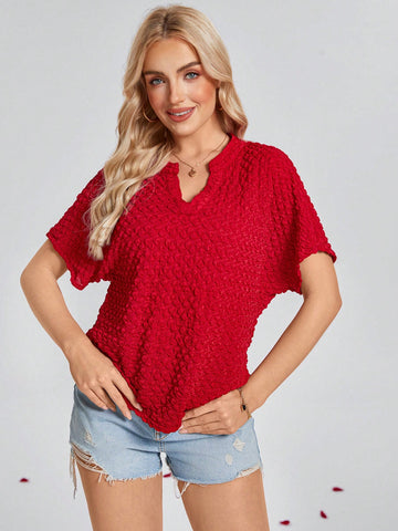 Wildara Women Red Stand Collar Jacquard Short Sleeve Blouse,Valentine Day