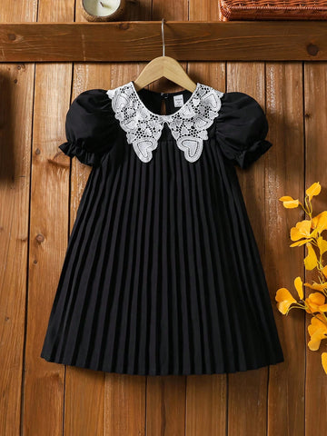 Young Girl Elegant Colorblock Lace Patchwork Puff Sleeve Pleated Dress