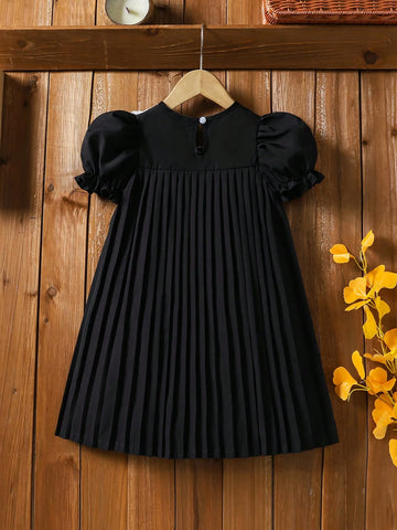 Young Girl Elegant Colorblock Lace Patchwork Puff Sleeve Pleated Dress