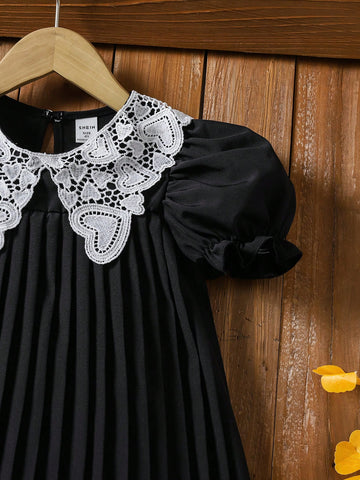 Young Girl Elegant Colorblock Lace Patchwork Puff Sleeve Pleated Dress