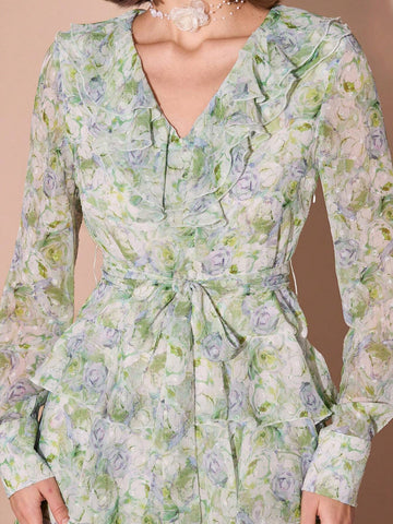 Romantic Women's Ruffle-Collar Long Sleeve Ruffle Hem Elegant Short Dress,Everyday Wear,For Christmas Party&Romantic Dinner Dates&Vacation