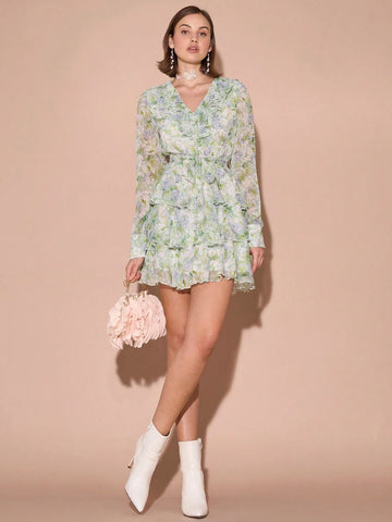 Romantic Women's Ruffle-Collar Long Sleeve Ruffle Hem Elegant Short Dress,Everyday Wear,For Christmas Party&Romantic Dinner Dates&Vacation