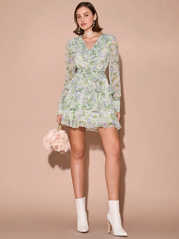 Romantic Women's Ruffle-Collar Long Sleeve Ruffle Hem Elegant Short Dress,Everyday Wear,For Christmas Party&Romantic Dinner Dates&Vacation