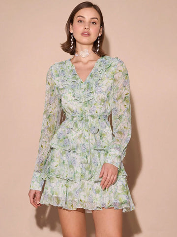 Romantic Women's Ruffle-Collar Long Sleeve Ruffle Hem Elegant Short Dress,Everyday Wear,For Christmas Party&Romantic Dinner Dates&Vacation