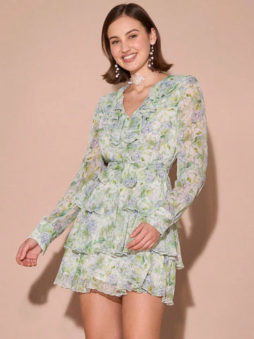 Romantic Women's Ruffle-Collar Long Sleeve Ruffle Hem Elegant Short Dress,Everyday Wear,For Christmas Party&Romantic Dinner Dates&Vacation