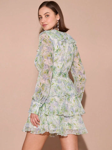 Romantic Women's Ruffle-Collar Long Sleeve Ruffle Hem Elegant Short Dress,Everyday Wear,For Christmas Party&Romantic Dinner Dates&Vacation