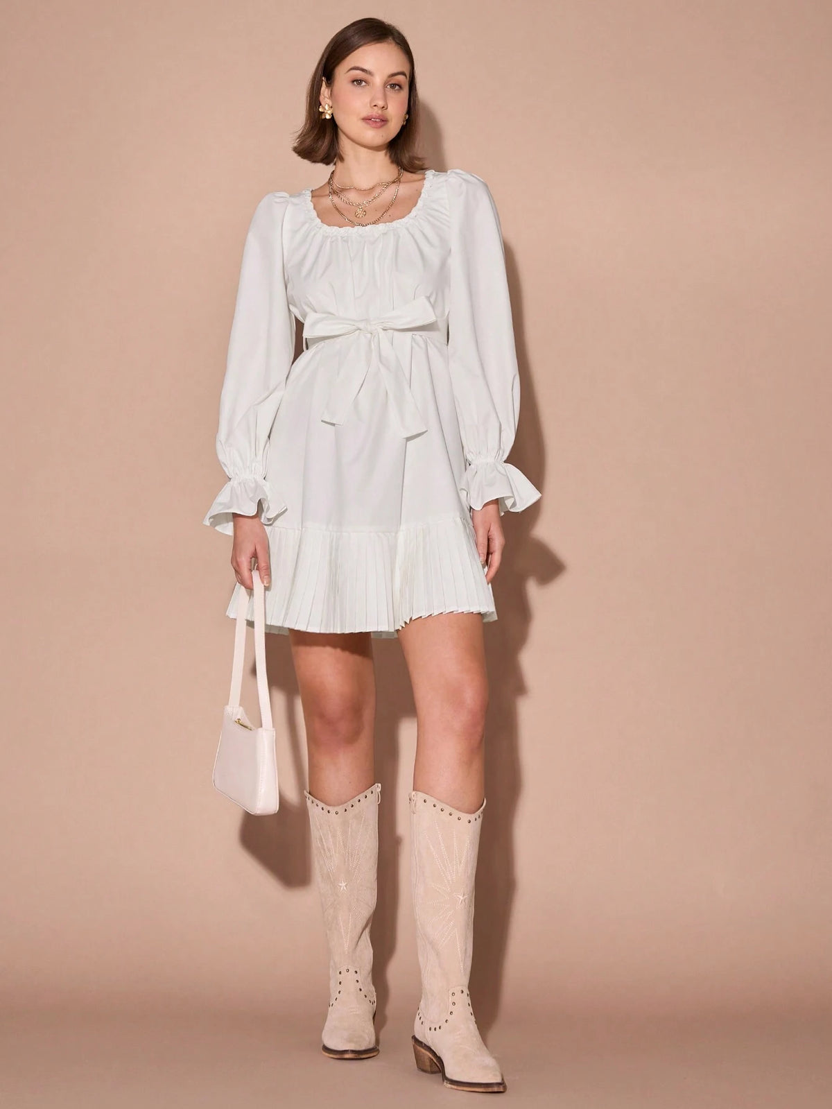 Romantic Women's Solid Color Square Neck Flare Sleeve Knotted Waist Pleated Hem Elegant