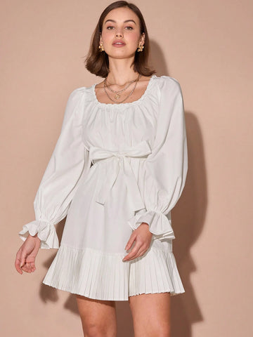 Romantic Women's Solid Color Square Neck Flare Sleeve Knotted Waist Pleated Hem Elegant