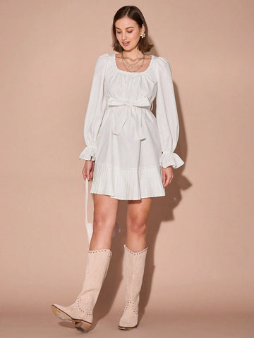 Romantic Women's Solid Color Square Neck Flare Sleeve Knotted Waist Pleated Hem Elegant