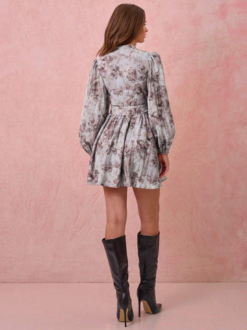 Floral Tie Dye Print Stand Collar Lantern Sleeve Single Breasted Elegant Dress, Spring/Autumn