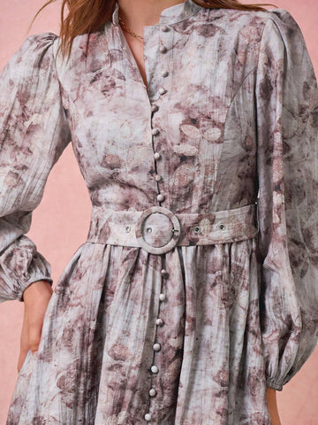 Floral Tie Dye Print Stand Collar Lantern Sleeve Single Breasted Elegant Dress, Spring/Autumn