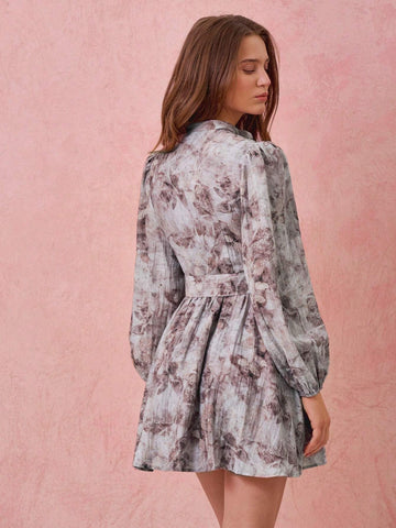Floral Tie Dye Print Stand Collar Lantern Sleeve Single Breasted Elegant Dress, Spring/Autumn