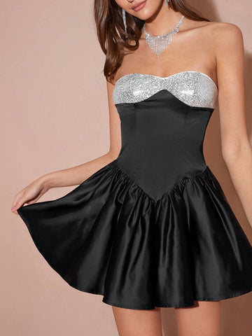 Sequin Patchwork Wrap Mini Dress