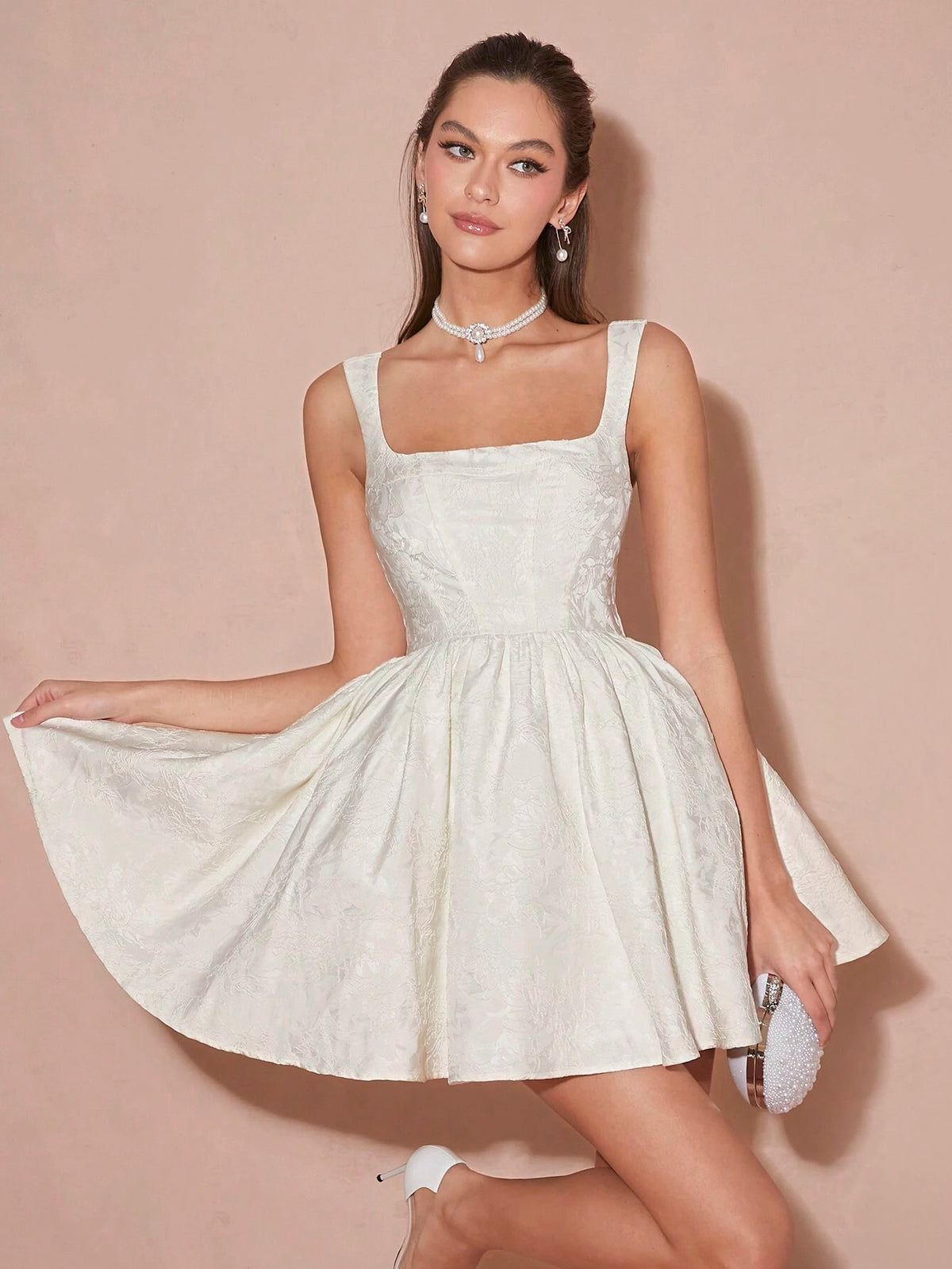 Women Solid Color Jacquard Square Collar Flare Hem Short Dress