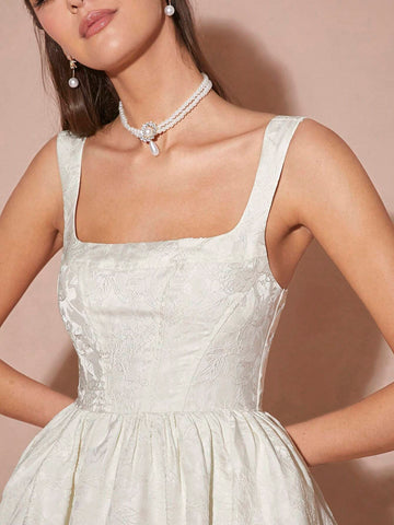 Women Solid Color Jacquard Square Collar Flare Hem Short Dress