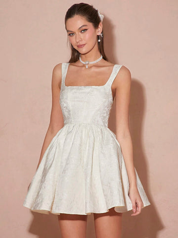 Women Solid Color Jacquard Square Collar Flare Hem Short Dress
