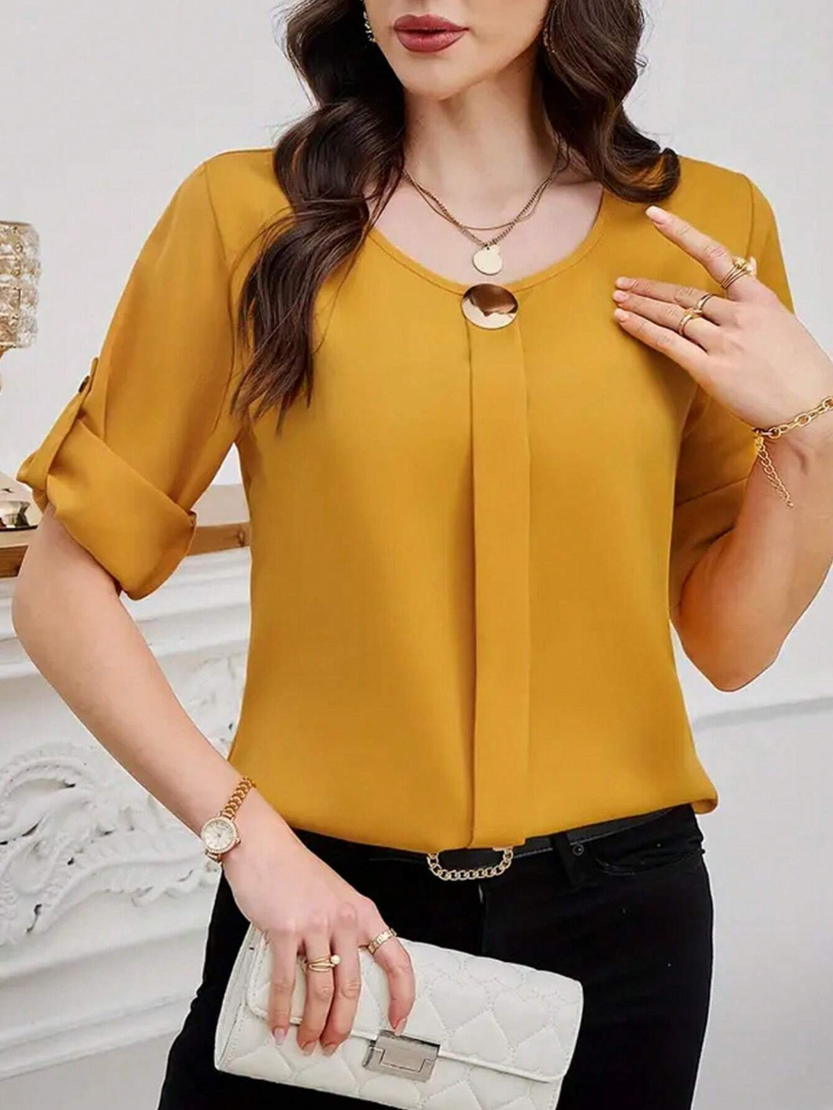 Women Solid Roll Up Sleeve Blouse