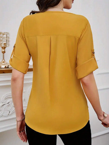 Women Solid Roll Up Sleeve Blouse