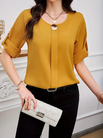 Women Solid Roll Up Sleeve Blouse