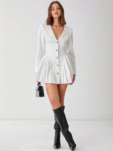 V-Neck Button Down Long Sleeve Pleated Fashion Elegant Dress