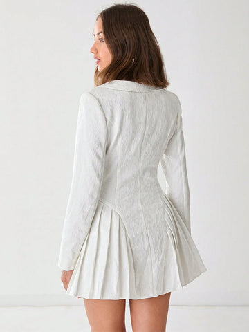V-Neck Button Down Long Sleeve Pleated Fashion Elegant Dress
