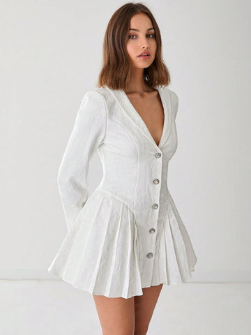 V-Neck Button Down Long Sleeve Pleated Fashion Elegant Dress