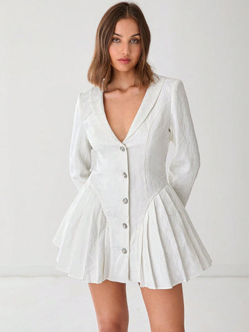 V-Neck Button Down Long Sleeve Pleated Fashion Elegant Dress