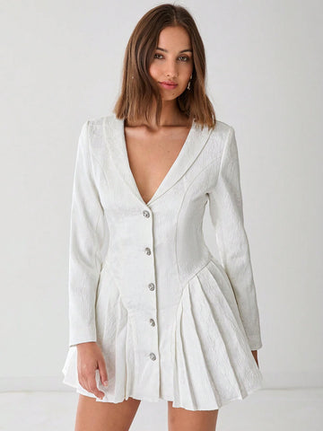 V-Neck Button Down Long Sleeve Pleated Fashion Elegant Dress