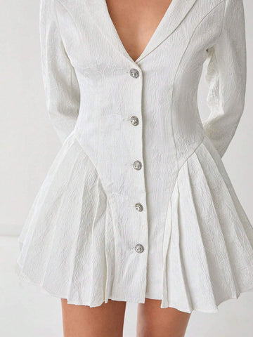 V-Neck Button Down Long Sleeve Pleated Fashion Elegant Dress
