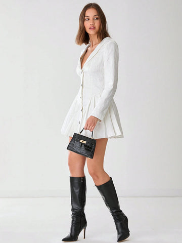 V-Neck Button Down Long Sleeve Pleated Fashion Elegant Dress
