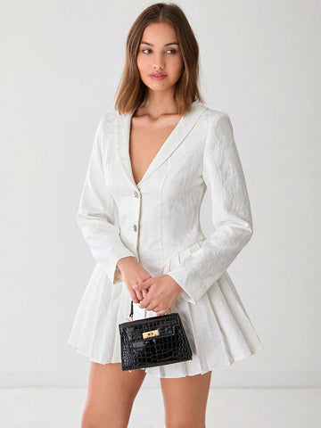 V-Neck Button Down Long Sleeve Pleated Fashion Elegant Dress