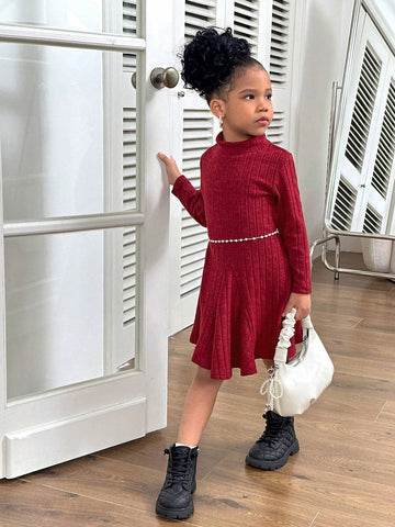 Women & Girls Matching All-Match Ribbed Knit Stand Collar Long Sleeve A-Line Split Hem Casual Dress