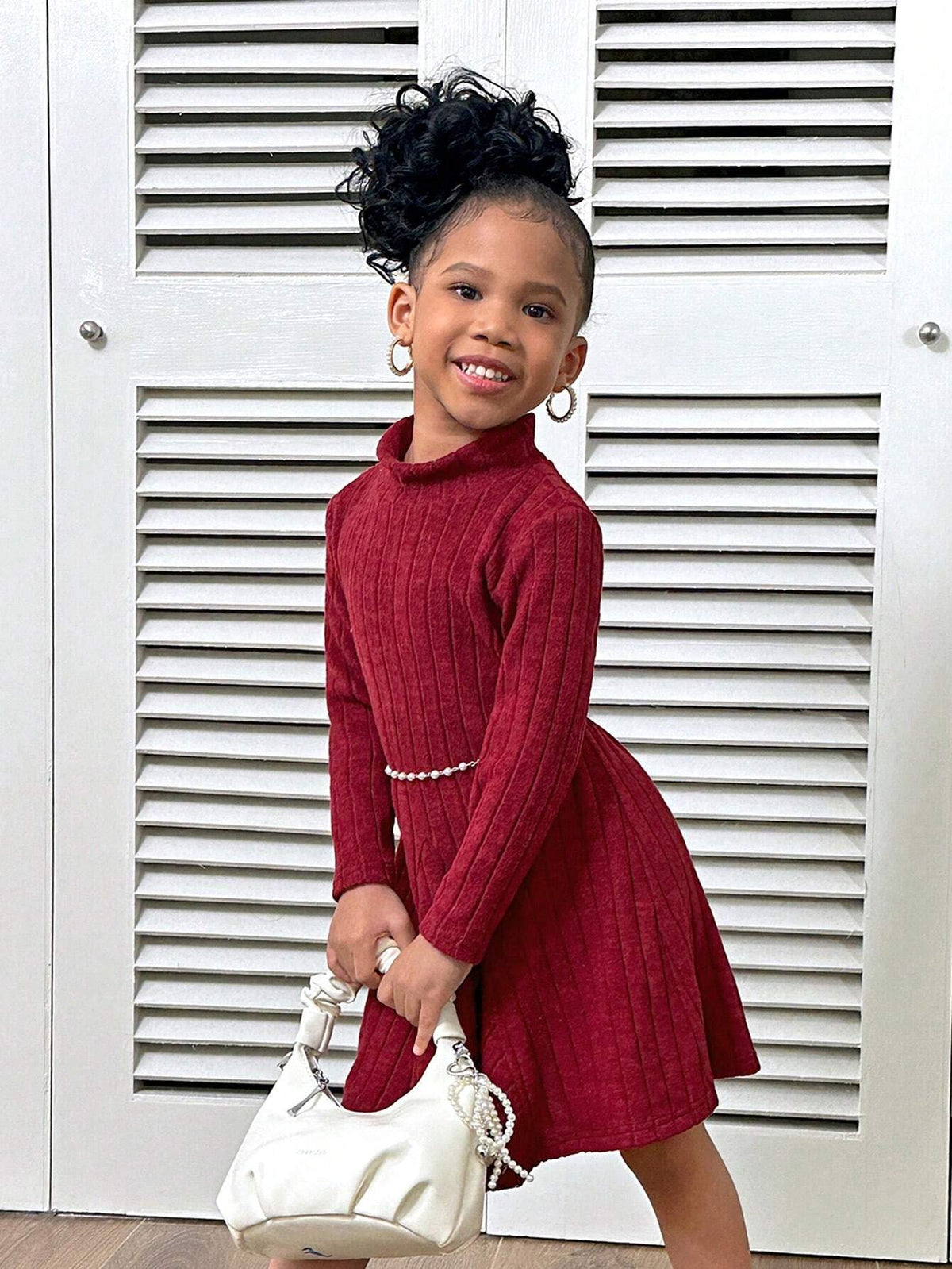 Women & Girls Matching All-Match Ribbed Knit Stand Collar Long Sleeve A-Line Split Hem Casual Dress