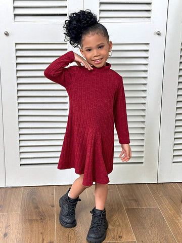Women & Girls Matching All-Match Ribbed Knit Stand Collar Long Sleeve A-Line Split Hem Casual Dress