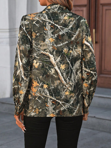 Women's Casual Loose Fit Long Sleeve Camouflage Print Shirt, Autumn