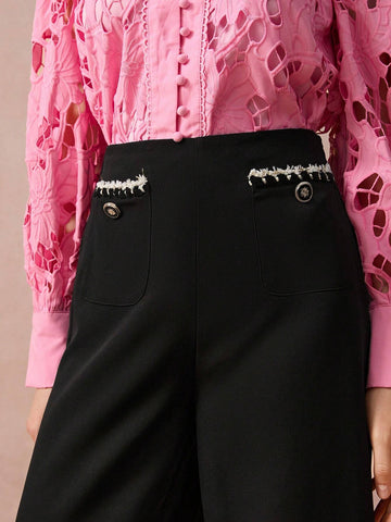 Women's Elegant Commuter Ribbon Decor Wide Leg Pants, Autumn