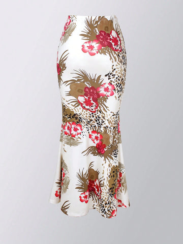 Women's Elegant Romantic Vacation High-Waist Mermaid Maxi Skirt With Tropical Print