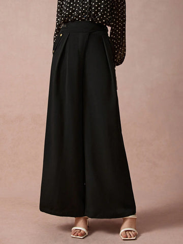 Women's Elegant Simple Solid Color Pleated Loose Wide Leg Pants, Spring/Autumn